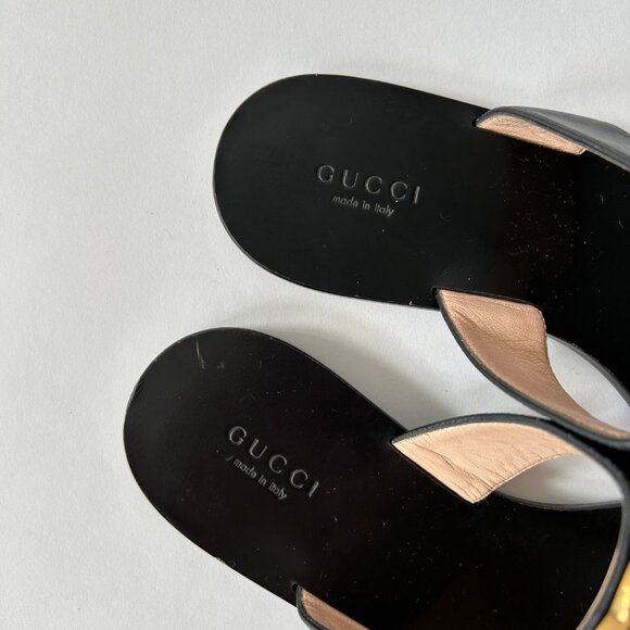 GUCCI BLACK LEATHER GG T-STRAP SANDAL - Picture 4 of 6